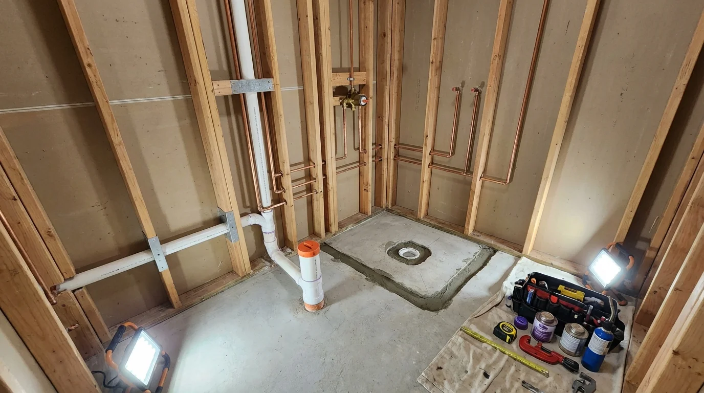 Bathroom rough-in plumbing during remodel by Johns Plumbing LLC in Addison